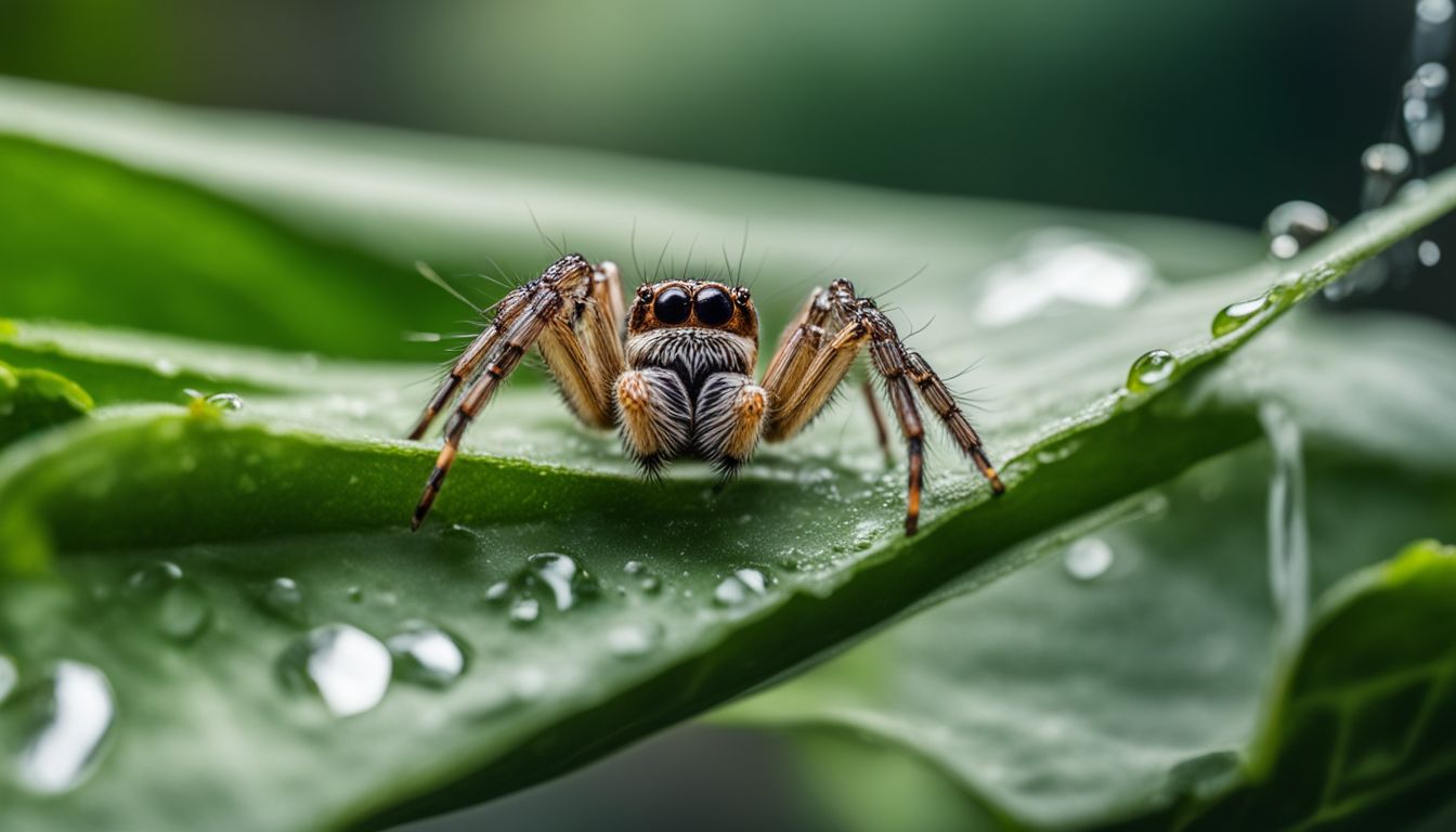 A macro photo of a spider drinking water from a leaf. A macro photo of a spider drinking water from a leaf.