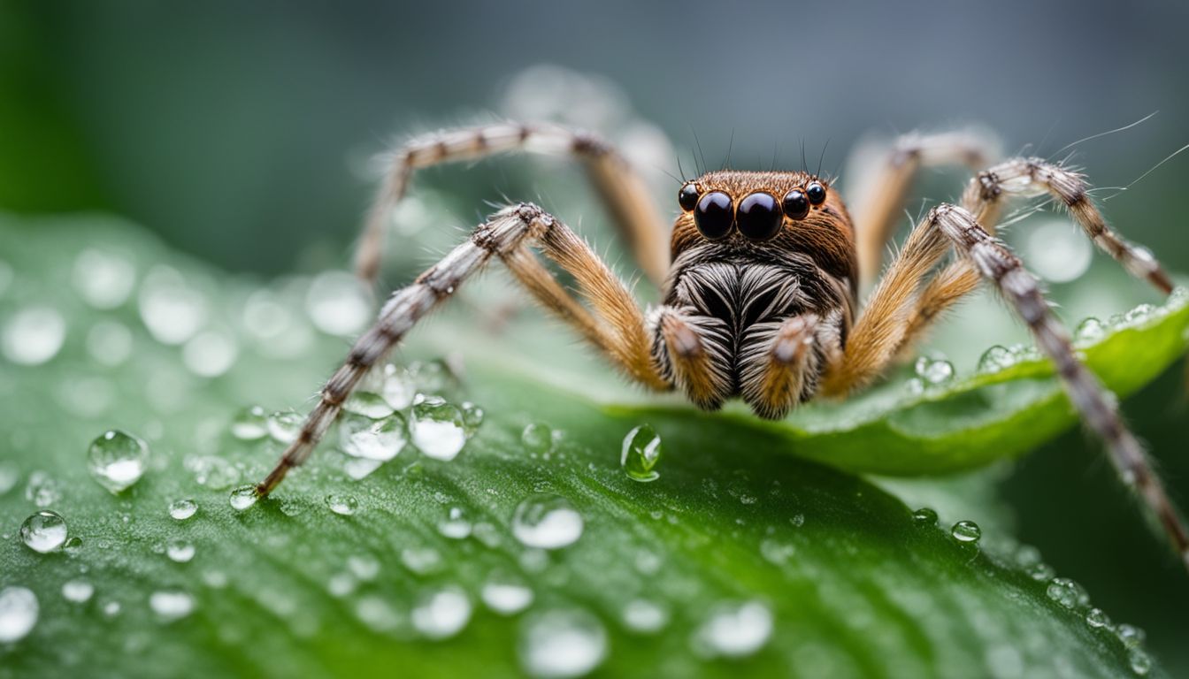 A close-up photo of a spider on a dew-covered leaf. A close-up photo of a spider on a dew-covered leaf.