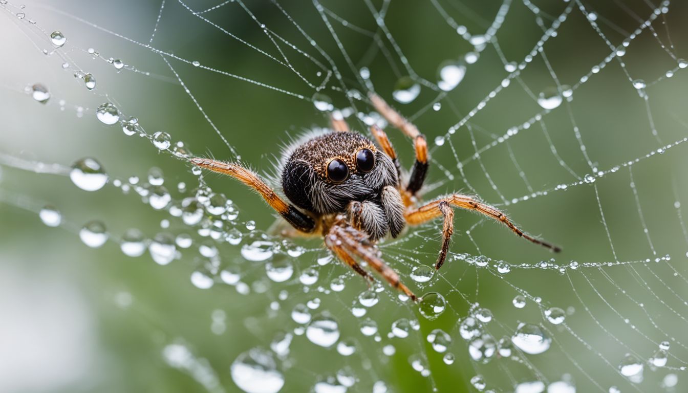 A spider drinks from a dew-covered web, captured in stunning detail. A spider drinks from a dew-covered web, captured in stunning detail.
