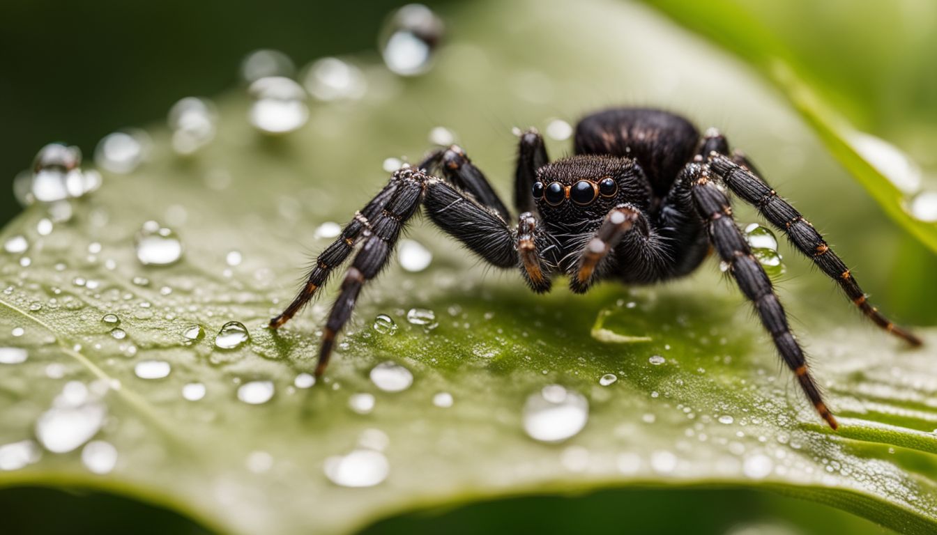 A spider drinking dew from a leaf, captured in detailed macro photography. A spider drinking dew from a leaf, captured in detailed macro photography.
