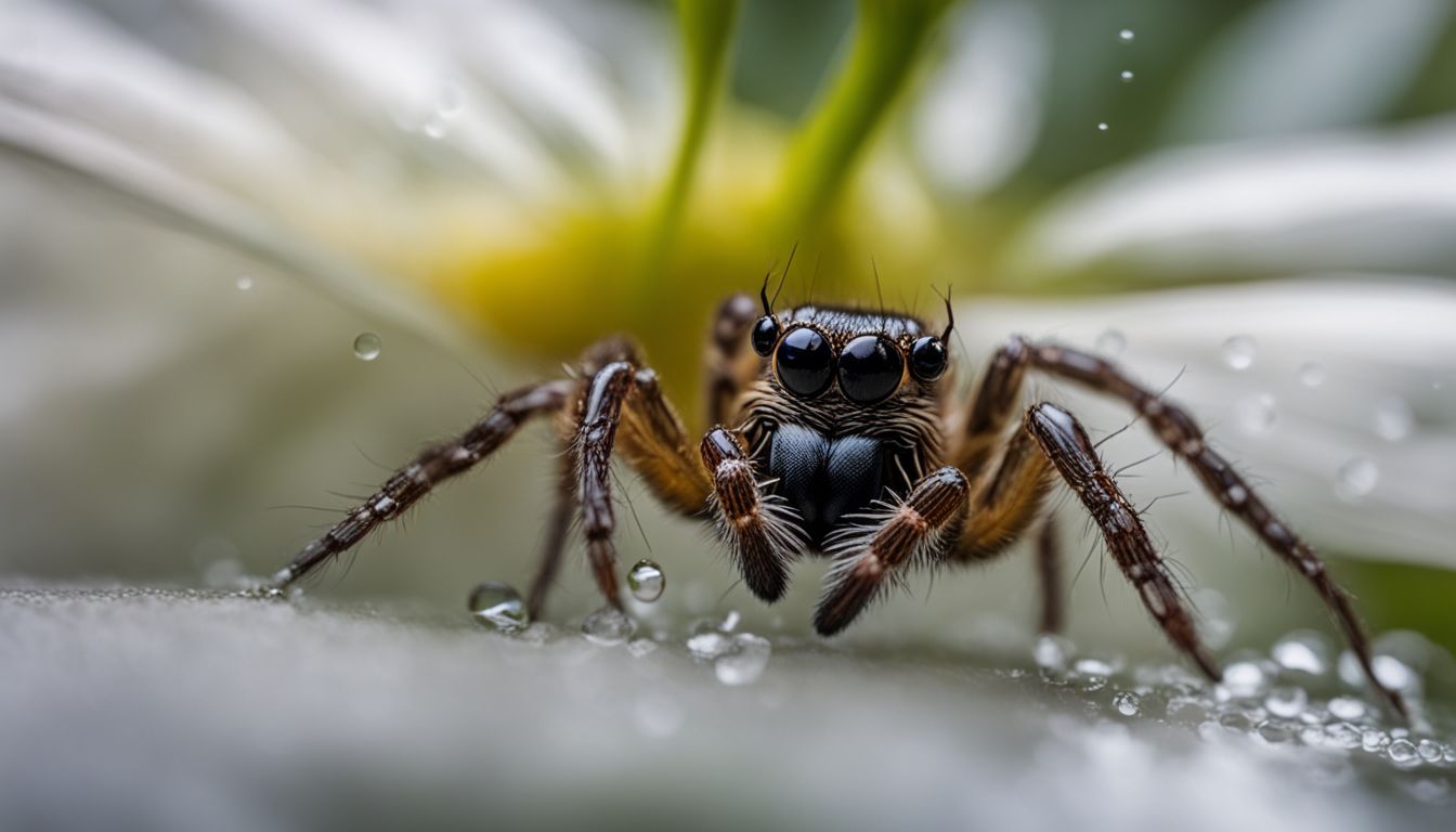 Spider drinking water droplets from rain-soaked flower in detailed macro photo. Spider drinking water droplets from rain-soaked flower in detailed macro photo.
