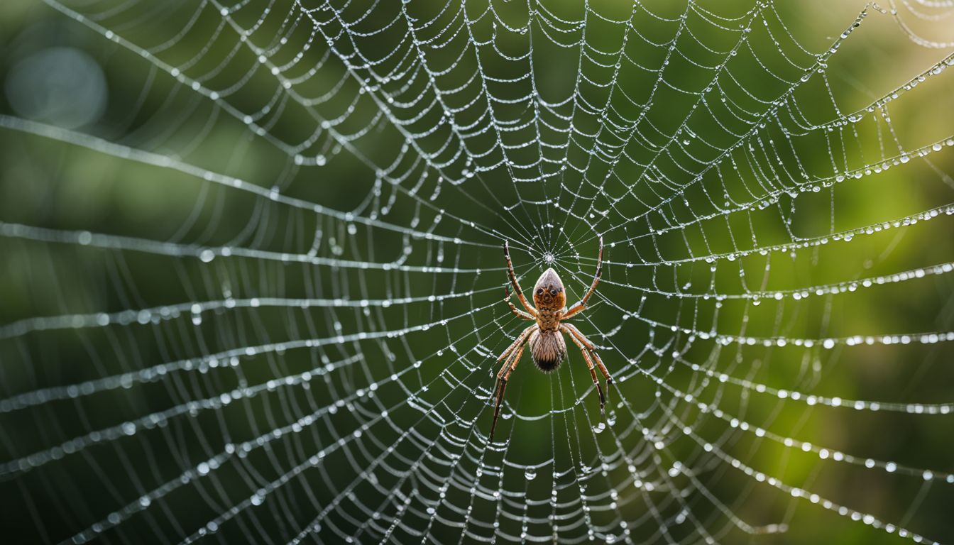 A close-up photo of a spider in its dew-covered web. A close-up photo of a spider in its dew-covered web.