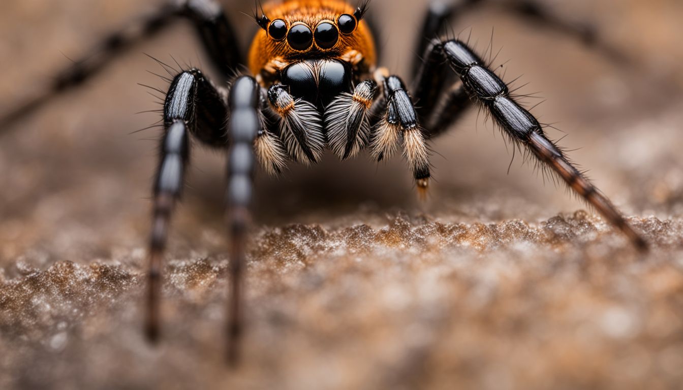 Close-up of spider's pedipalps and chelicerae in stunning macro photography. Close-up of spider's pedipalps and chelicerae in stunning macro photography.