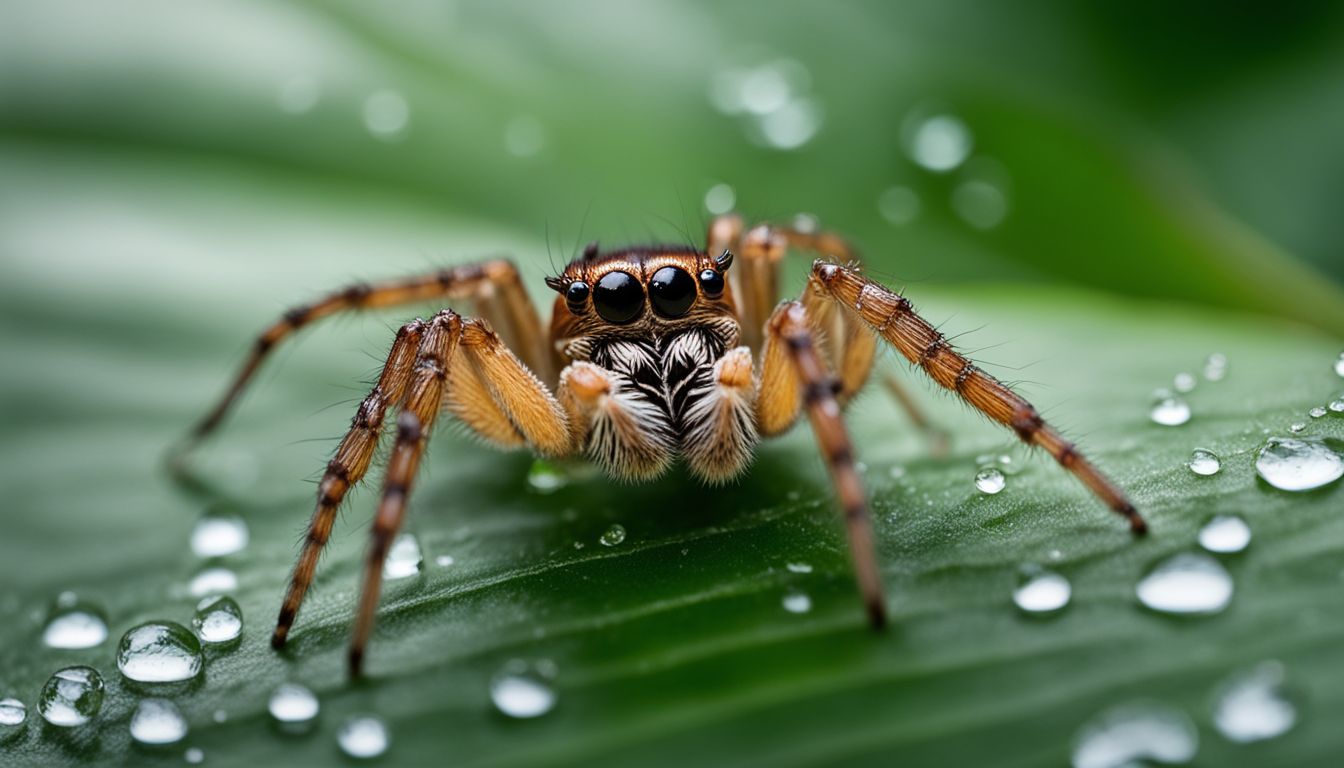 Close-up photo of a spider drinking water from a leaf. Close-up photo of a spider drinking water from a leaf.