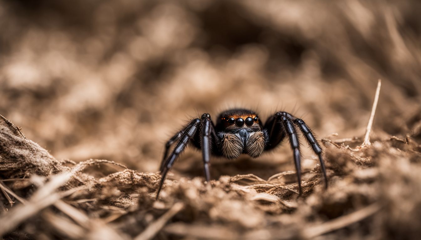A photo of a spider hiding in its burrow, ready to strike. A photo of a spider hiding in its burrow, ready to strike.