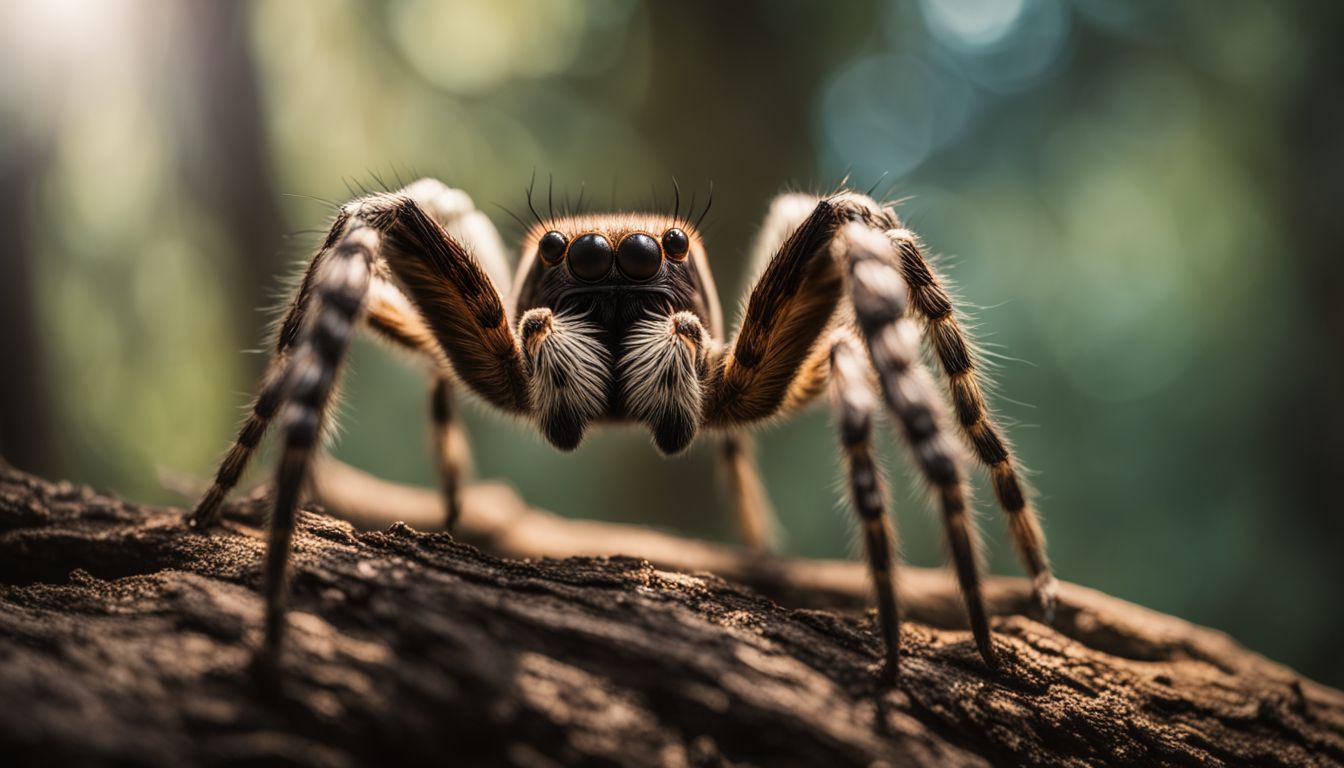 A Caucasian photographer taking a close-up photo of a tarantula in a forest. A Caucasian photographer taking a close-up photo of a tarantula in a forest.