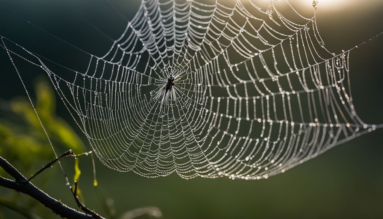 Spider crafting web on dew-covered branch in nature photography. Spider crafting web on dew-covered branch in nature photography.