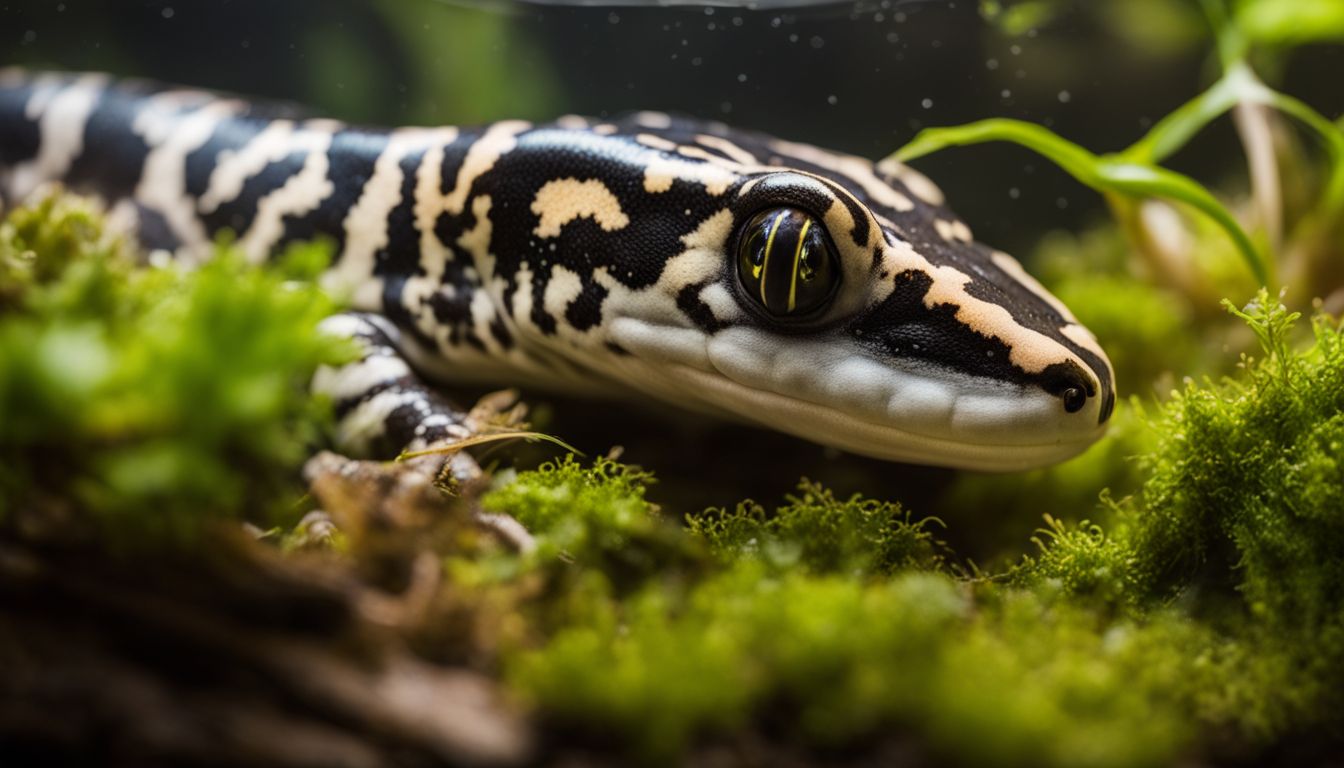 A close-up of a healthy Eastern Tiger Salamander in a terrarium, with various people of different appearances and outfits surrounding it. A close-up of a healthy Eastern Tiger Salamander in a terrarium, with various people of different appearances and outfits surrounding it.