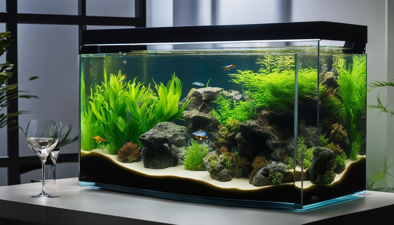 A diverse and vibrant aquarium with a variety of plants, rocks, and fish, captured in high-quality resolution. A diverse and vibrant aquarium with a variety of plants, rocks, and fish, captured in high-quality resolution.