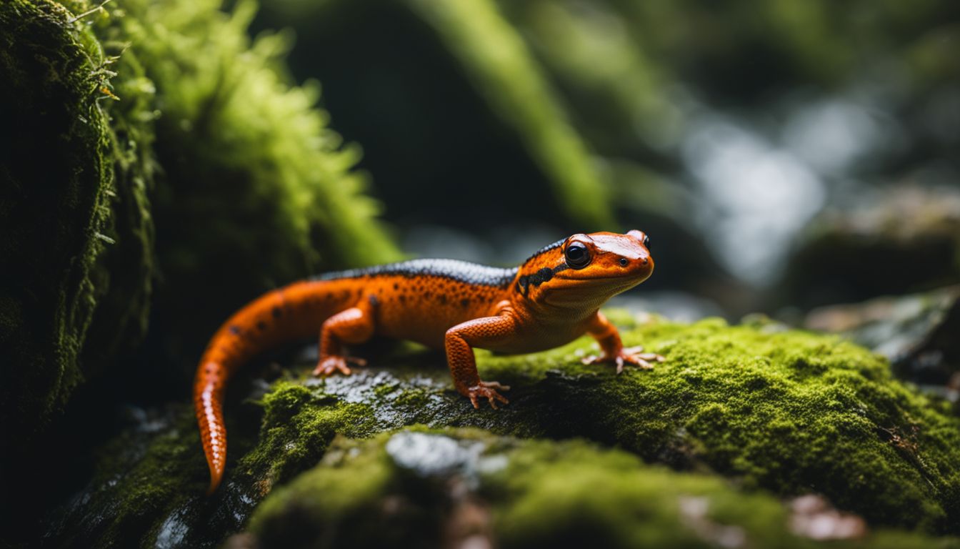 A vibrant salamander exploring a lush mossy forest with various people and scenery in the background. A vibrant salamander exploring a lush mossy forest with various people and scenery in the background.
