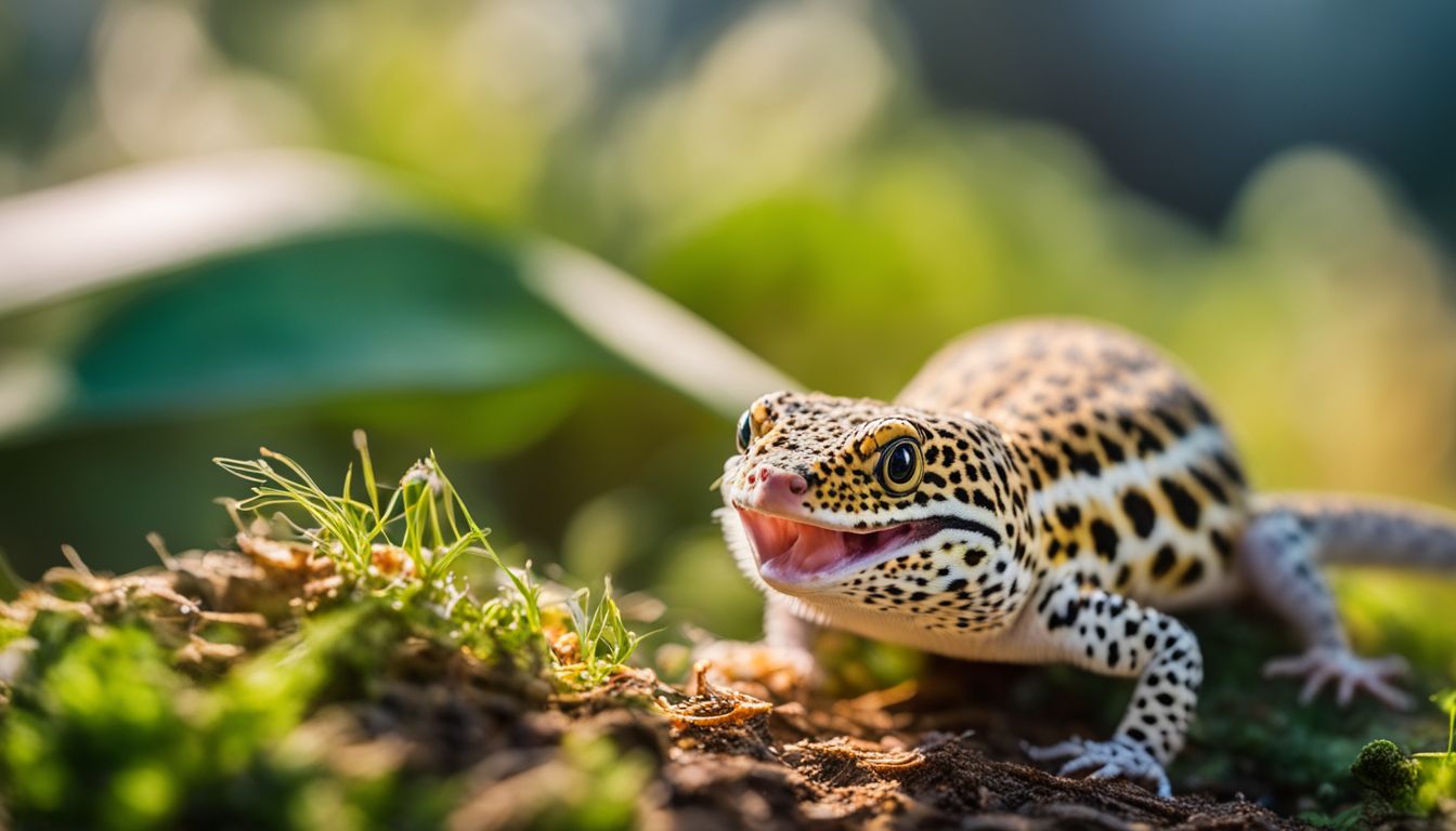 A leopard gecko hunts and eats silkworms in its natural habitat. A leopard gecko hunts and eats silkworms in its natural habitat.