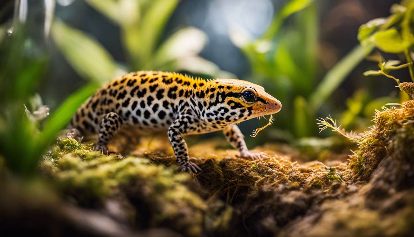 A leopard gecko catches and eats a beetle in a natural terrarium. A leopard gecko catches and eats a beetle in a natural terrarium.