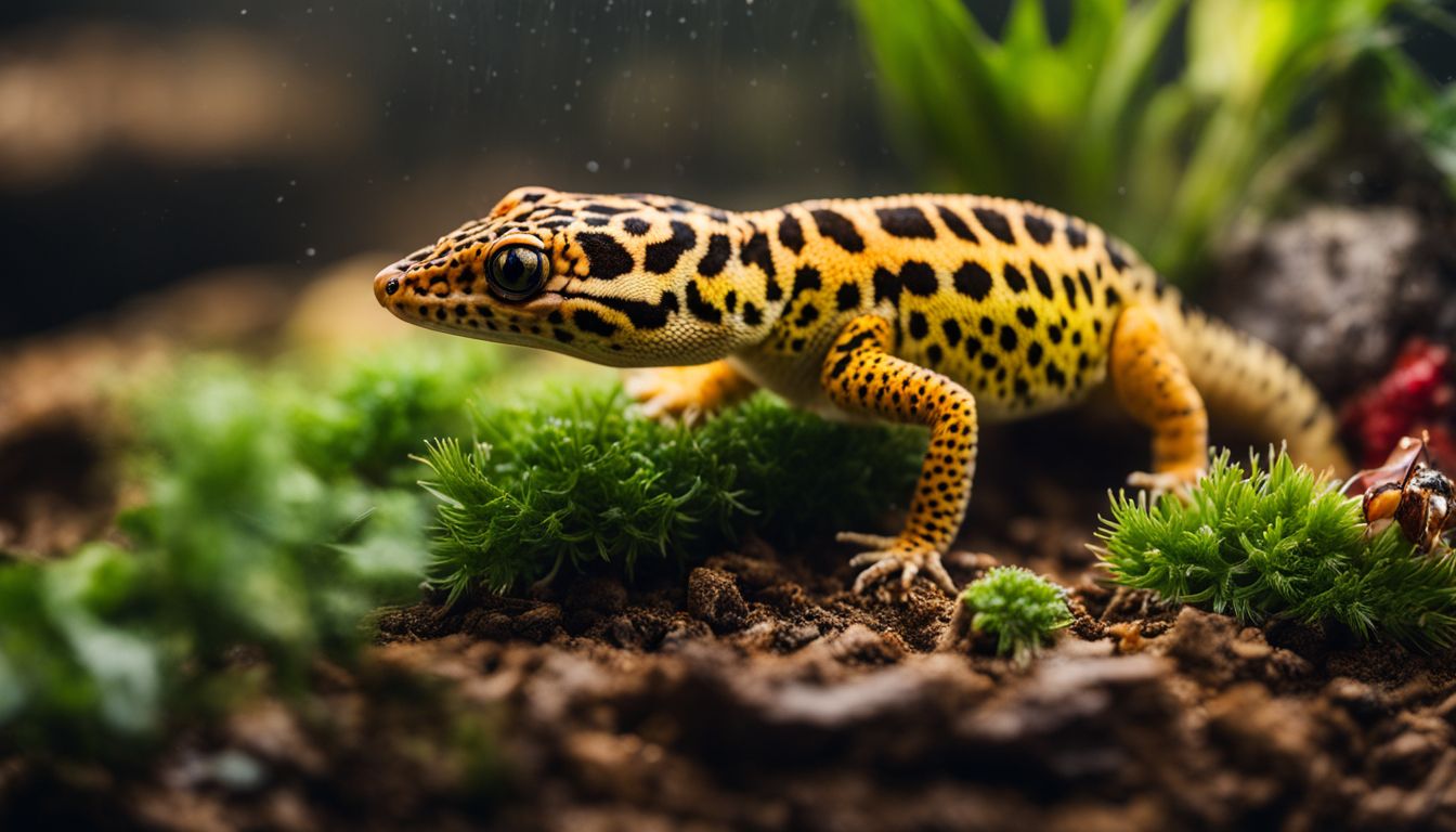 A leopard gecko hunting and eating a darkling beetle in its terrarium. A leopard gecko hunting and eating a darkling beetle in its terrarium.