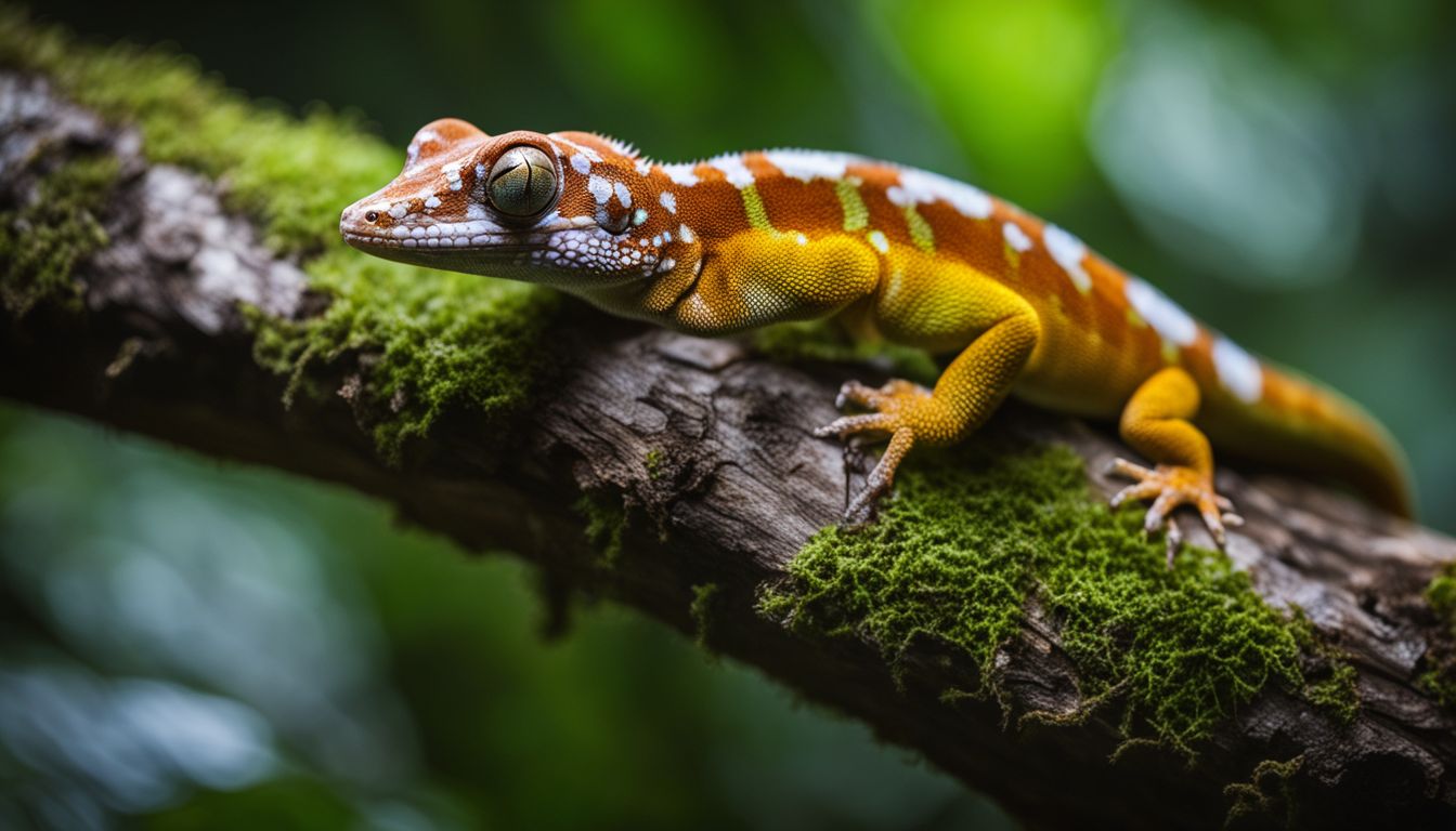 A gecko camouflaged on a rainforest tree branch. A gecko camouflaged on a rainforest tree branch.