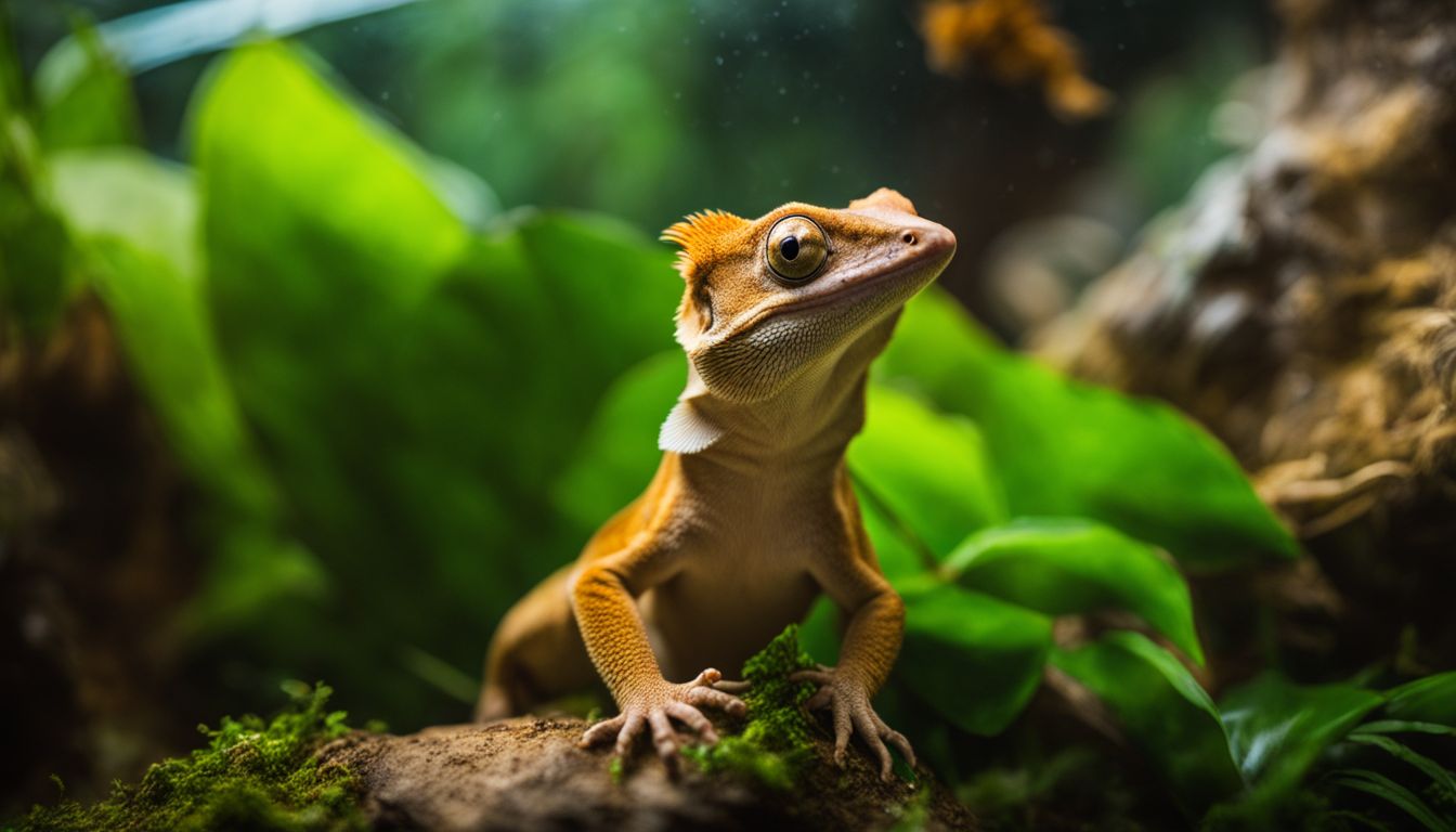 A healthy crested gecko in a lush terrarium habitat. A healthy crested gecko in a lush terrarium habitat.