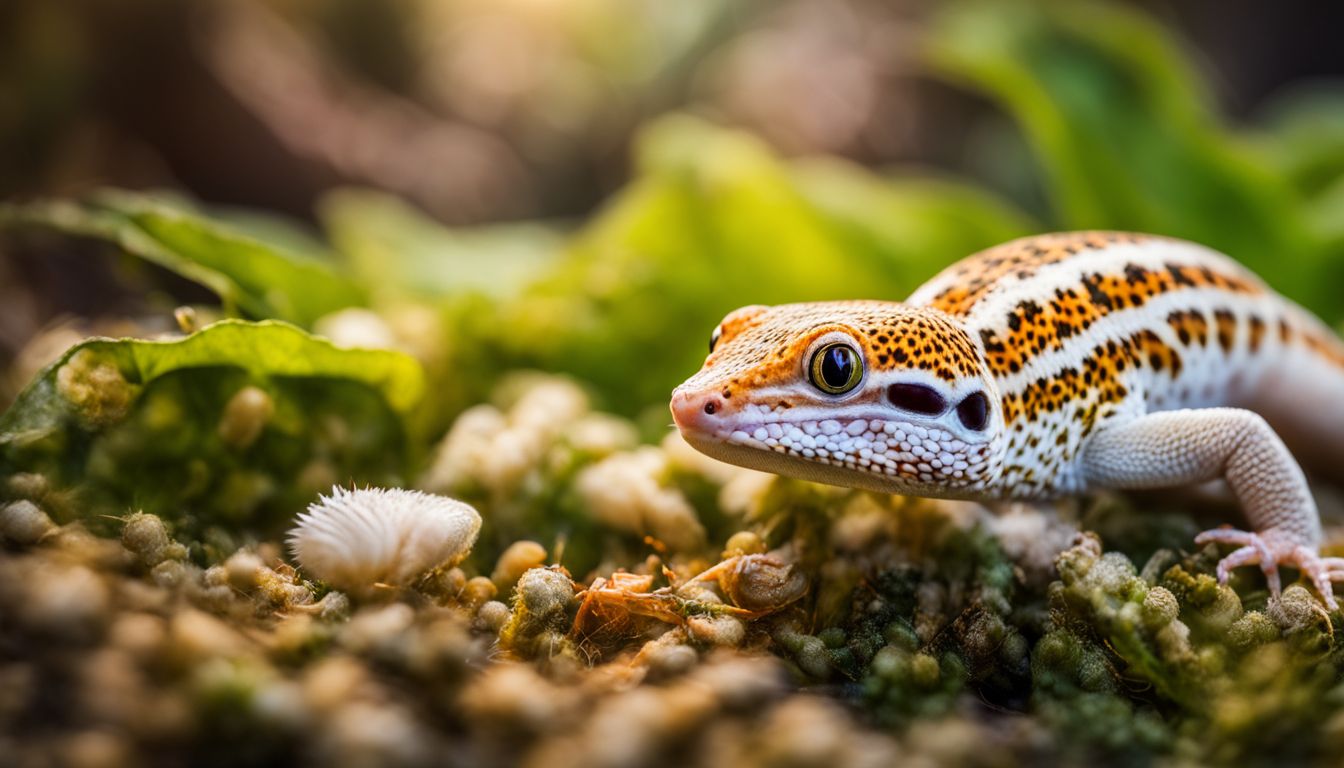 A leopard gecko feasting on silkworms in a natural habitat. A leopard gecko feasting on silkworms in a natural habitat.