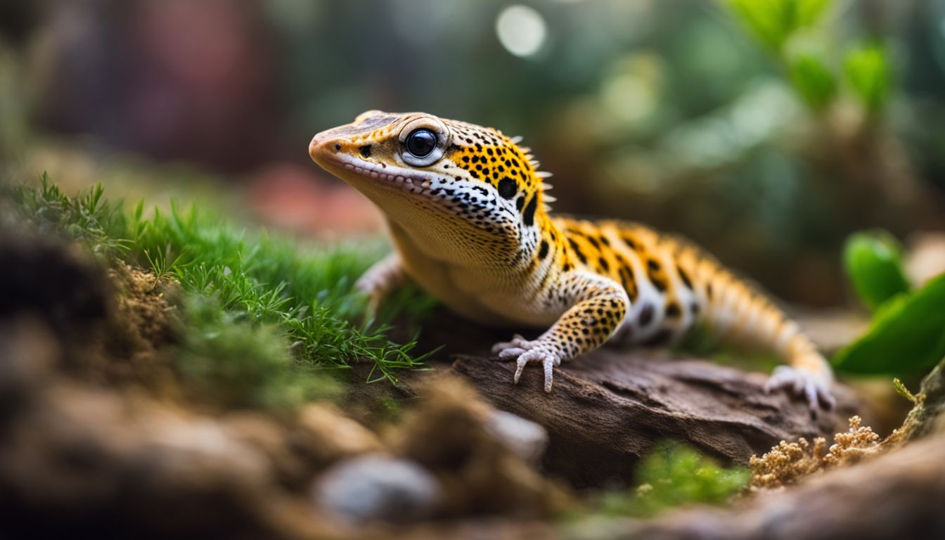 A leopard gecko in a terrarium in various outfits and poses. A leopard gecko in a terrarium in various outfits and poses.