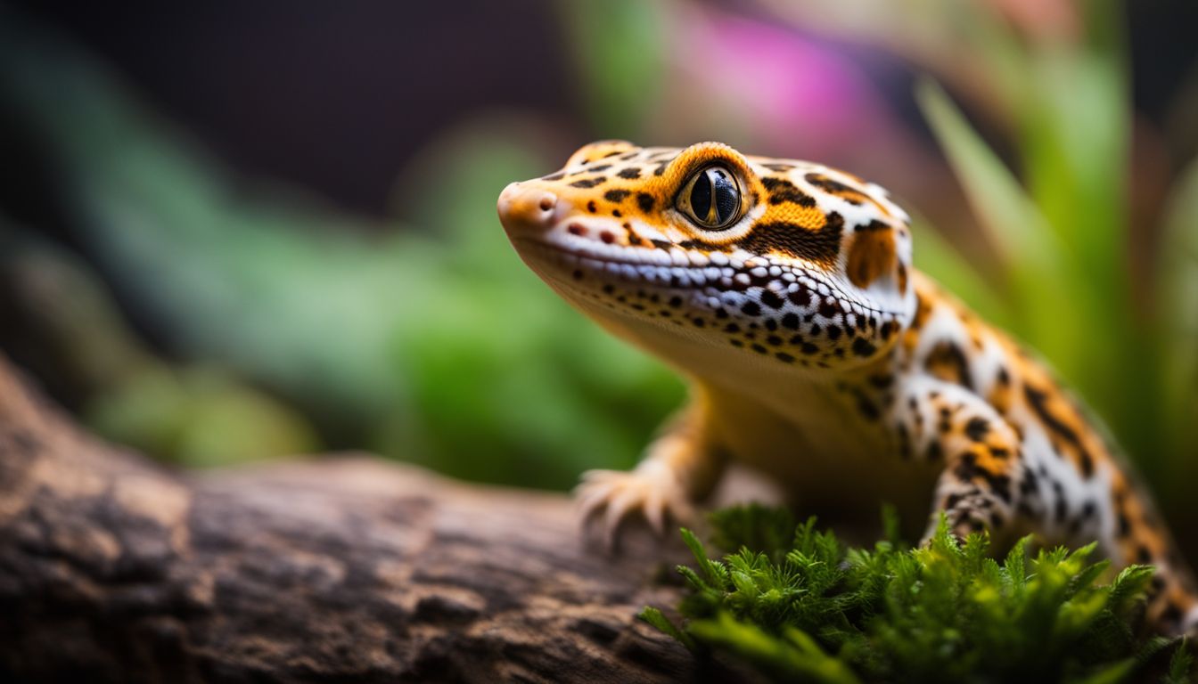 A leopard gecko curled up in a cozy terrarium.