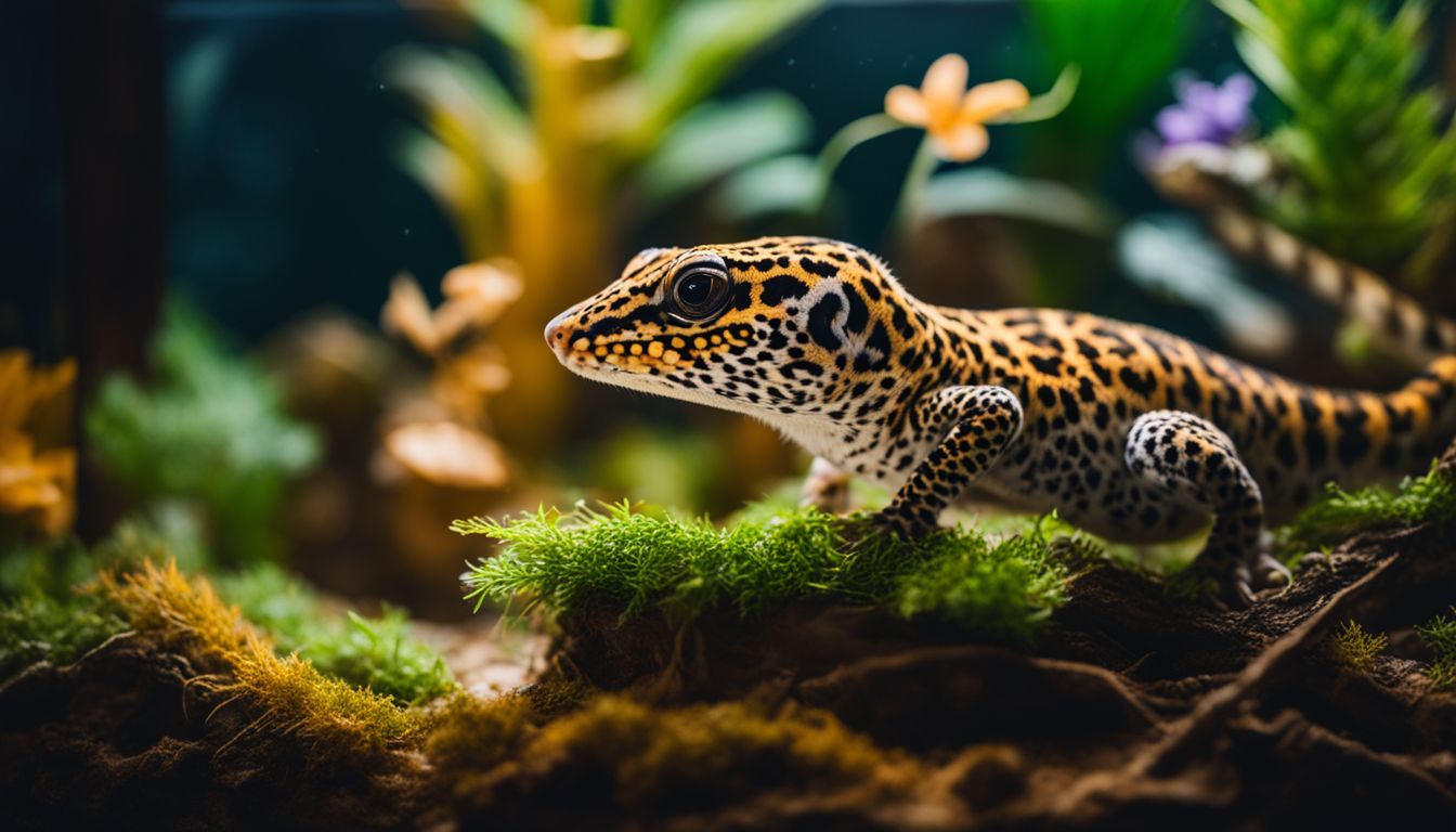 A leopard gecko exploring a terrarium in a variety of outfits. A leopard gecko exploring a terrarium in a variety of outfits.