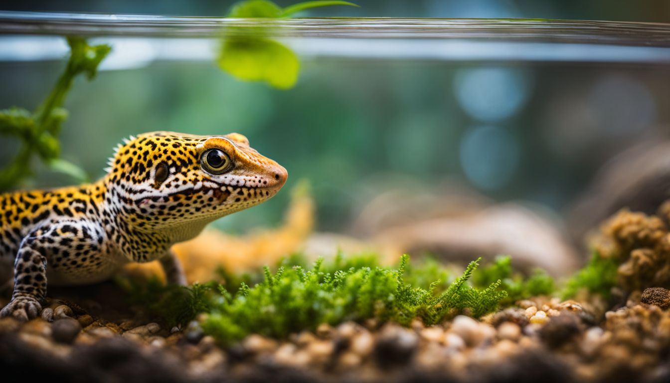 A leopard gecko hunting and feeding on roly polies in a natural terrarium. A leopard gecko hunting and feeding on roly polies in a natural terrarium.