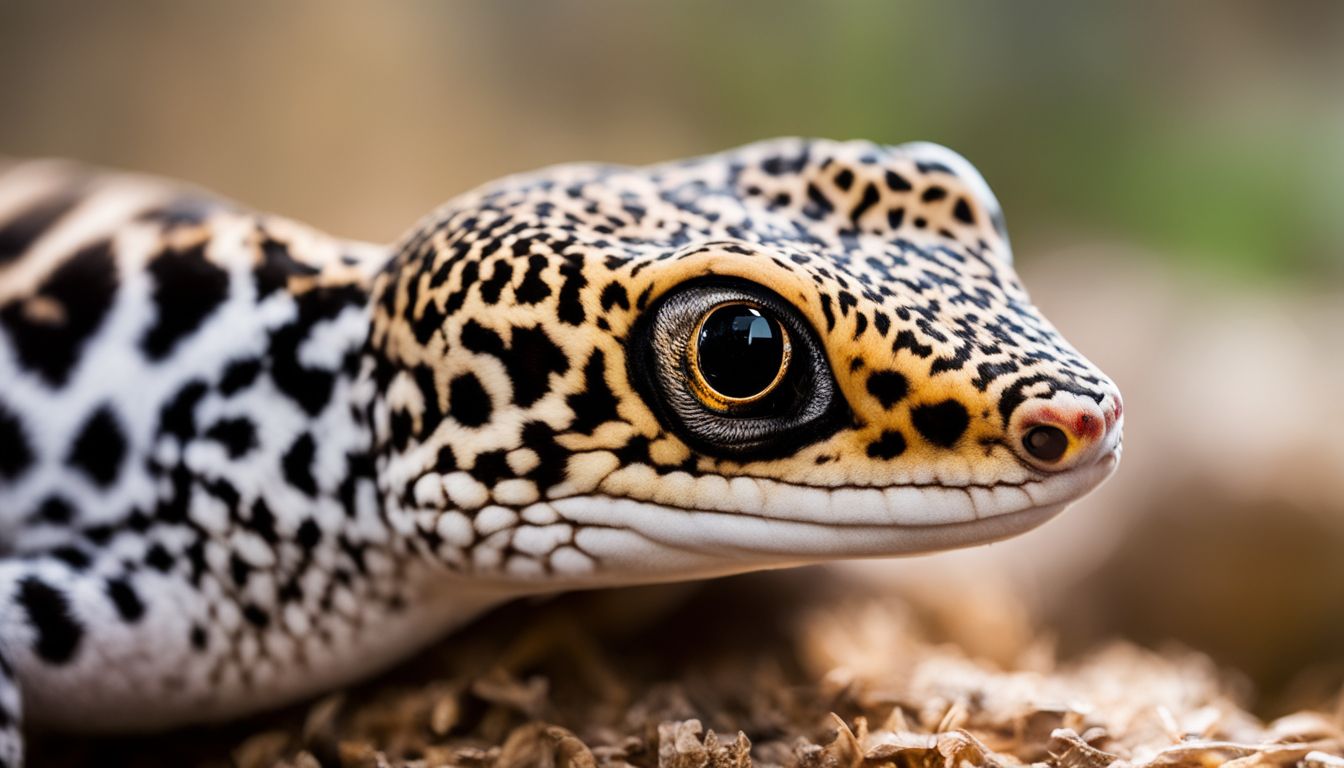 A leopard gecko in its natural habitat at night, with focus on its eye and the surrounding environment. A leopard gecko in its natural habitat at night, with focus on its eye and the surrounding environment.