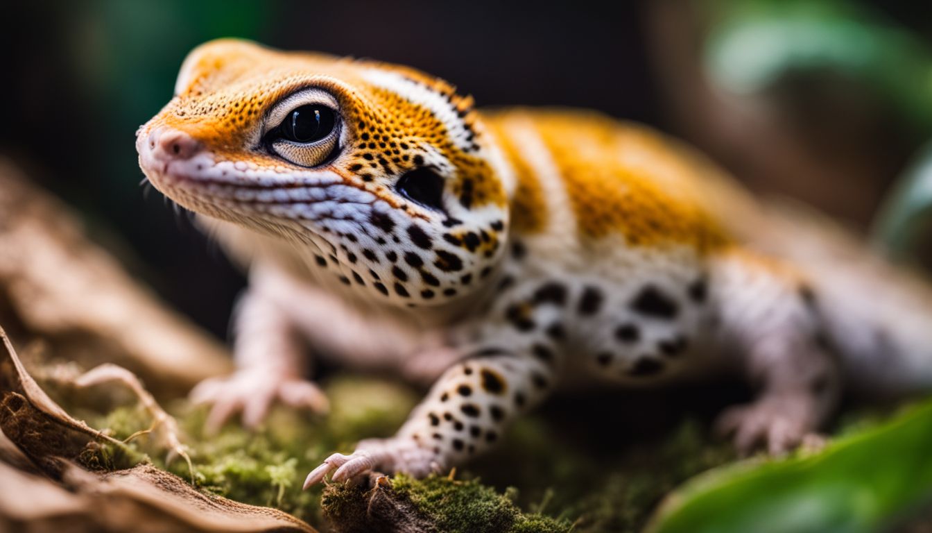 A leopard gecko resting in a cozy terrarium. A leopard gecko resting in a cozy terrarium.