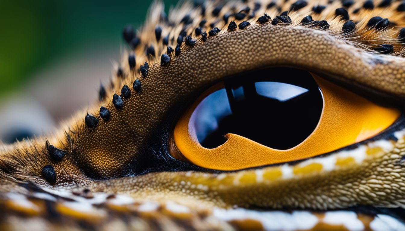 Close-up photo of a vibrant leopard gecko's eye in a dim environment. Close-up photo of a vibrant leopard gecko's eye in a dim environment.