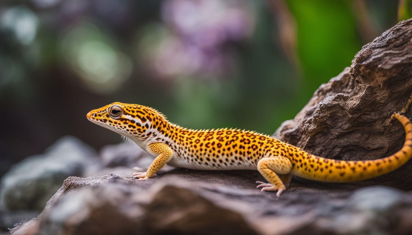 A leopard gecko in various color variations in its natural habitat. A leopard gecko in various color variations in its natural habitat.