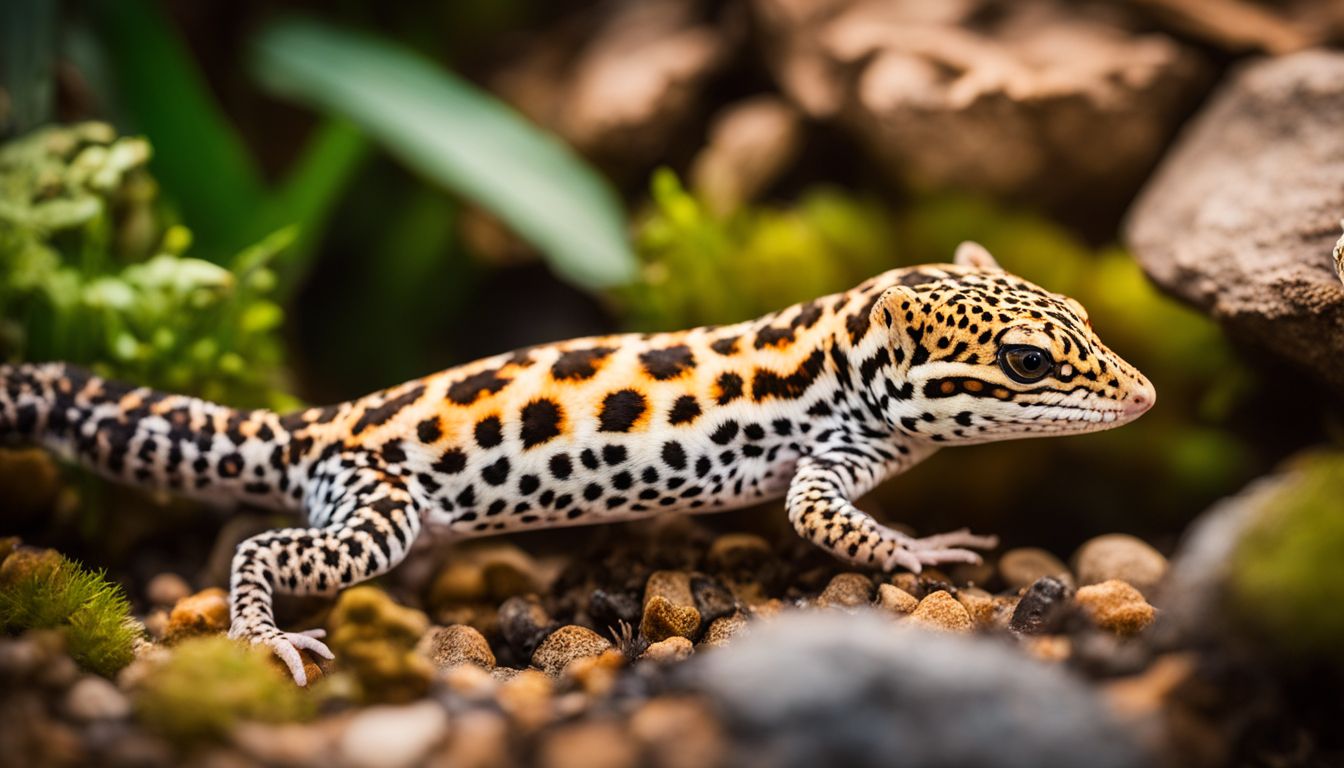 A leopard gecko hunts for rolly pollies in a terrarium. A leopard gecko hunts for rolly pollies in a terrarium.