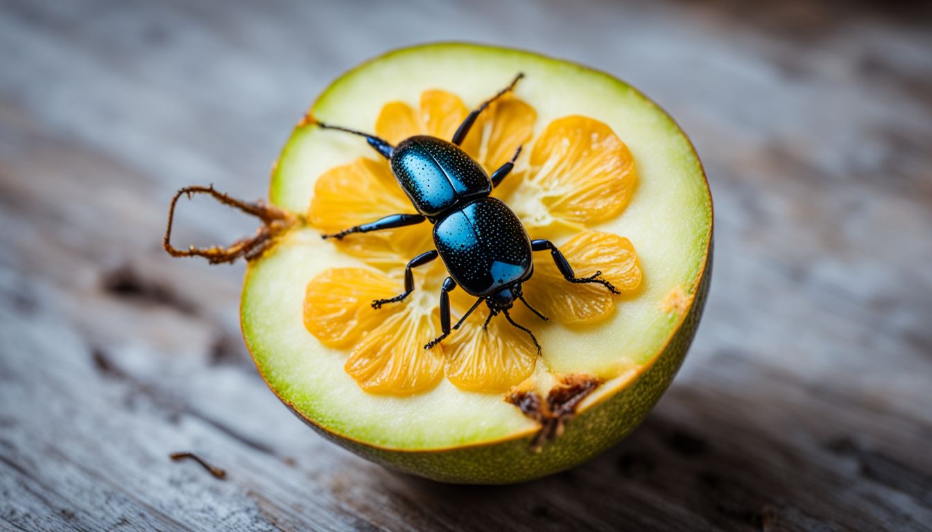 A close-up photo of a darkling beetle crawling on a piece of fruit. A close-up photo of a darkling beetle crawling on a piece of fruit.