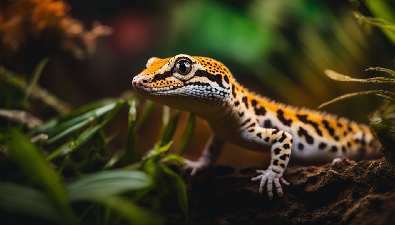 A leopard gecko hunting for nightcrawlers in a terrarium. A leopard gecko hunting for nightcrawlers in a terrarium.