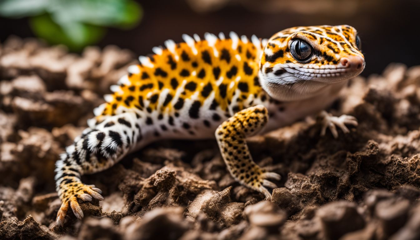 A leopard gecko surrounded by different substrates and hiding spots. A leopard gecko surrounded by different substrates and hiding spots.