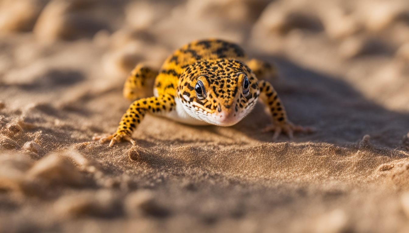 A leopard gecko hunting and eating mealworm beetles in a desert environment. A leopard gecko hunting and eating mealworm beetles in a desert environment.