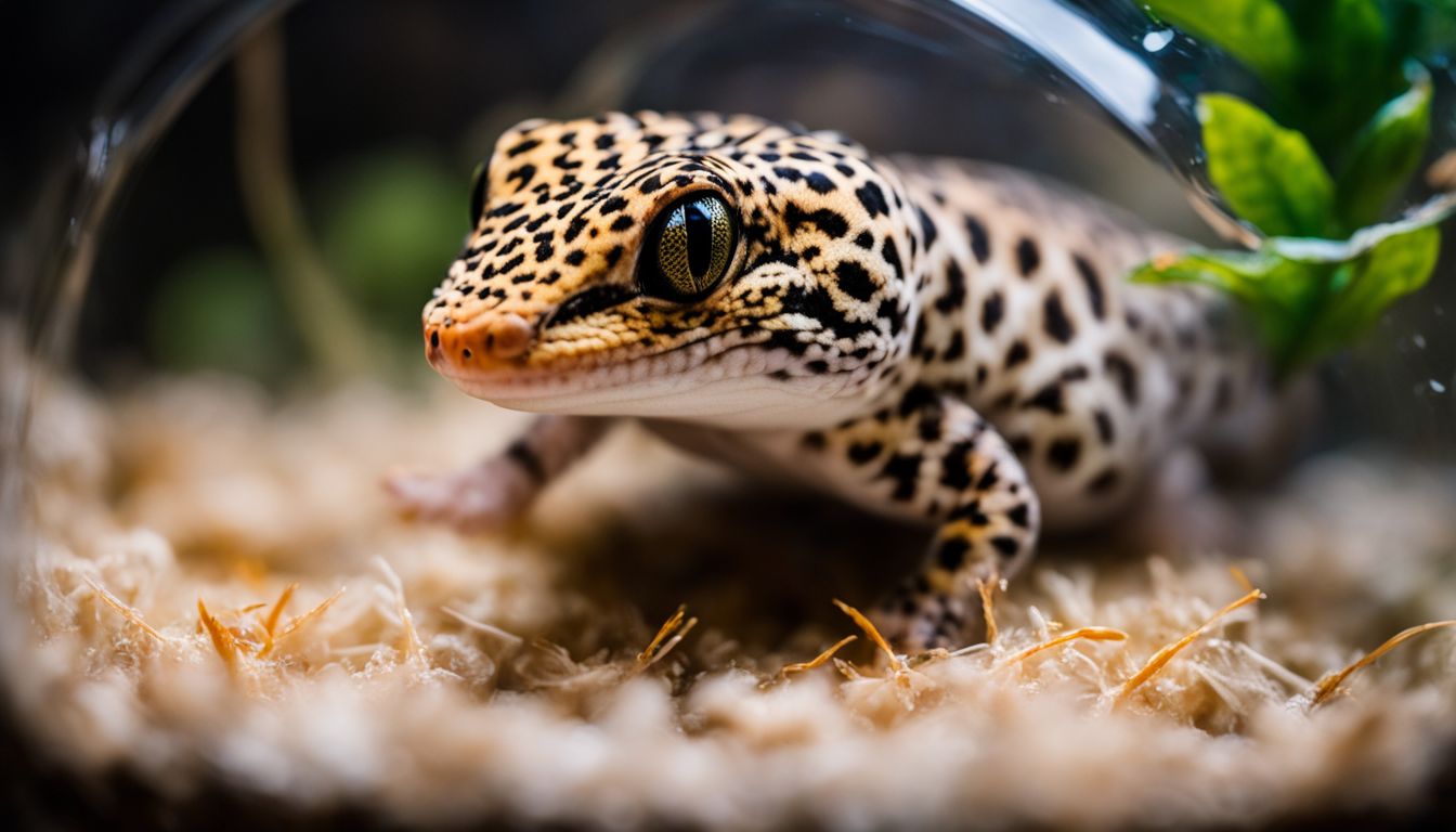 A leopard gecko is eating a nightcrawler in a terrarium. A leopard gecko is eating a nightcrawler in a terrarium.