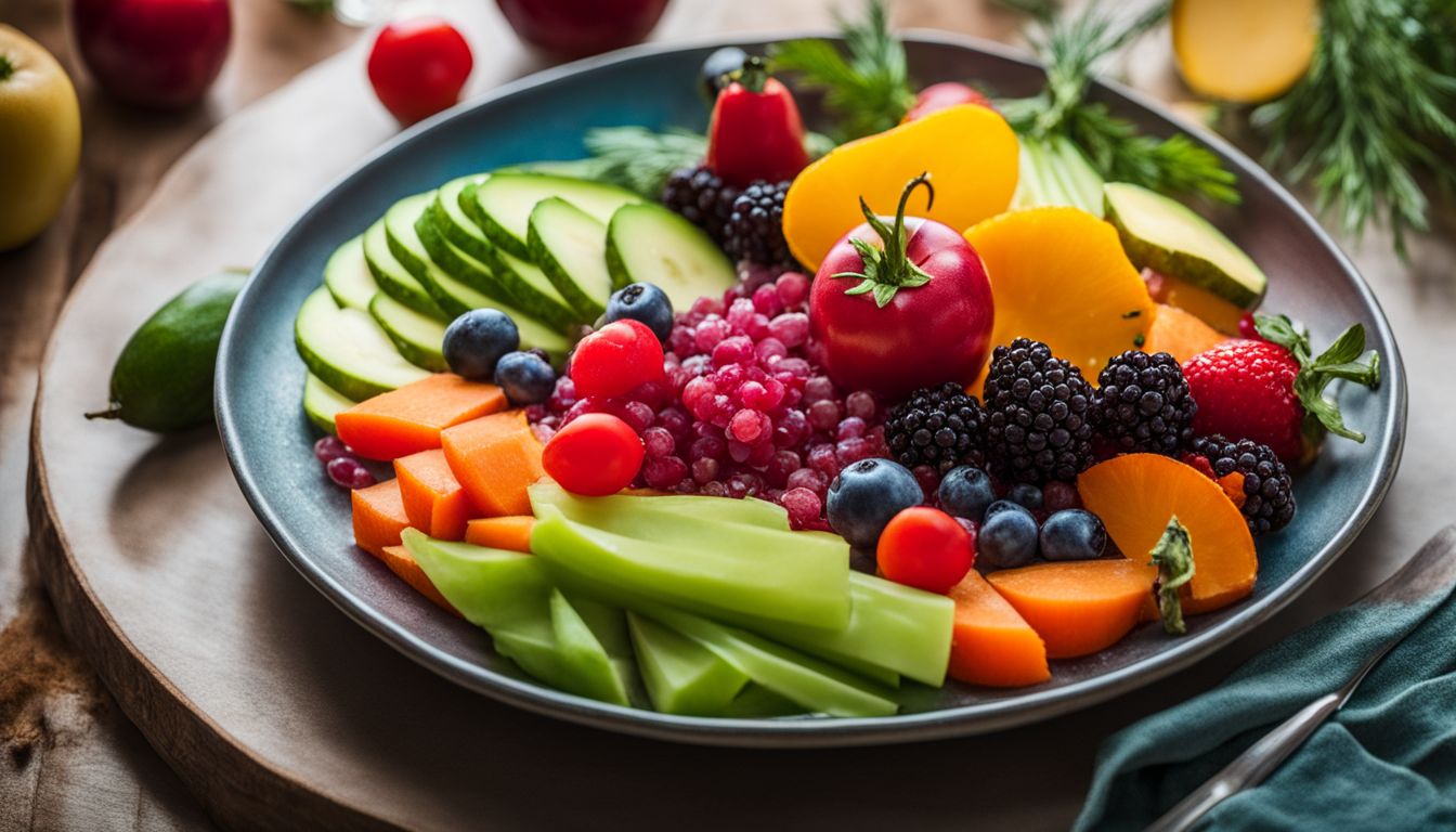 A vibrant plate of assorted colorful vegetables and fruits, captured in high resolution photography. A vibrant plate of assorted colorful vegetables and fruits, captured in high resolution photography.