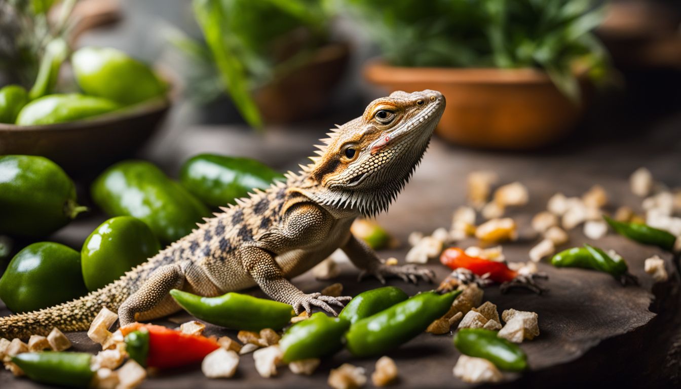 A bearded dragon eating jalapenos in a natural terrarium in a variety of poses. A bearded dragon eating jalapenos in a natural terrarium in a variety of poses.