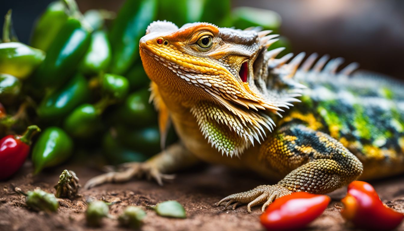 A bearded dragon enjoys munching on a jalapeno pepper in a colorful terrarium. A bearded dragon enjoys munching on a jalapeno pepper in a colorful terrarium.