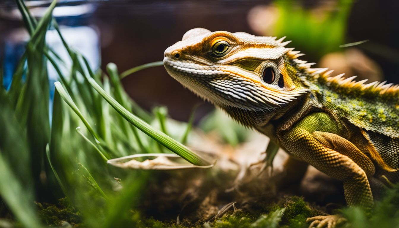 A bearded dragon enjoys munching on a fresh leek in a vibrant terrarium. A bearded dragon enjoys munching on a fresh leek in a vibrant terrarium.