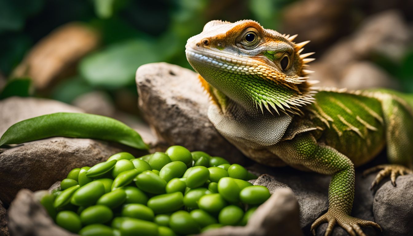 A bearded dragon calmly basking on a pile of edamame pods in a wildlife setting. A bearded dragon calmly basking on a pile of edamame pods in a wildlife setting.