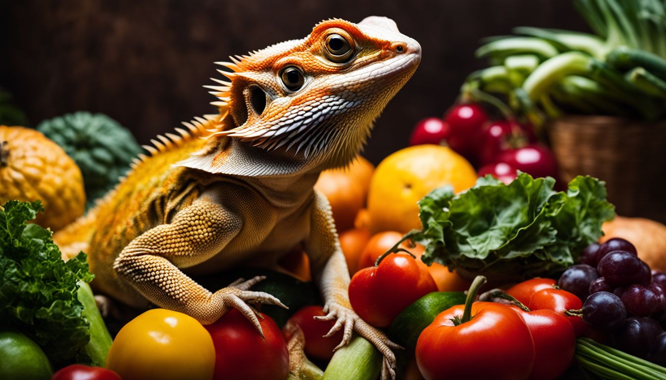 A bearded dragon surrounded by assorted fruits and vegetables in a vibrant and bustling setting. A bearded dragon surrounded by assorted fruits and vegetables in a vibrant and bustling setting.