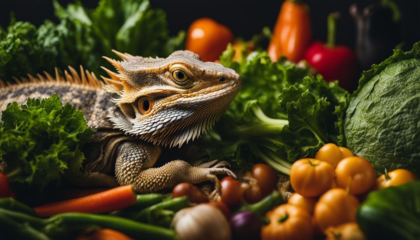 A bearded dragon surrounded by a variety of safe vegetables in a well-lit and natural setting. A bearded dragon surrounded by a variety of safe vegetables in a well-lit and natural setting.