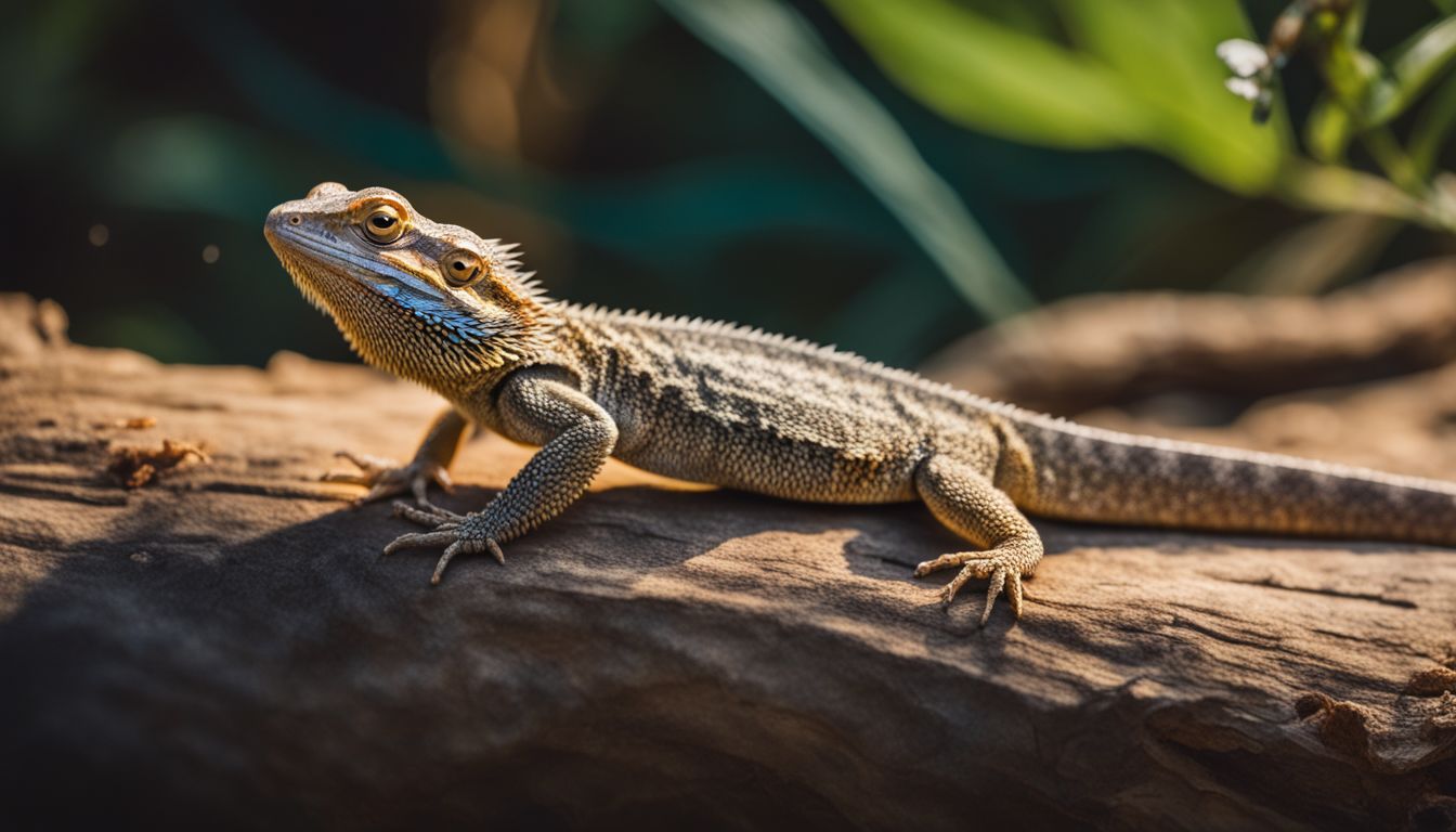 A bearded dragon surrounded by nutritious insects in a bustling atmosphere, captured by a high-quality camera. A bearded dragon surrounded by nutritious insects in a bustling atmosphere, captured by a high-quality camera.