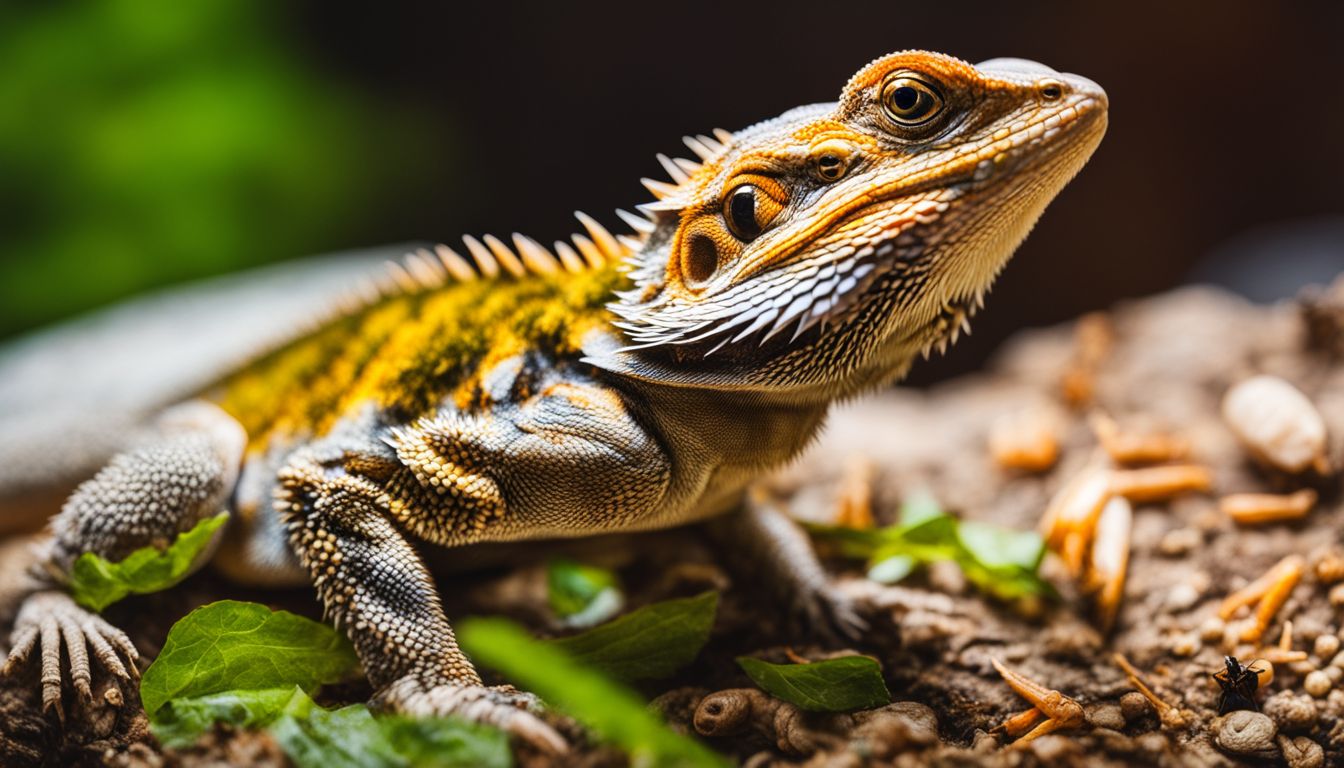 An adult bearded dragon surrounded by a variety of edible insects in a bustling atmosphere. An adult bearded dragon surrounded by a variety of edible insects in a bustling atmosphere.