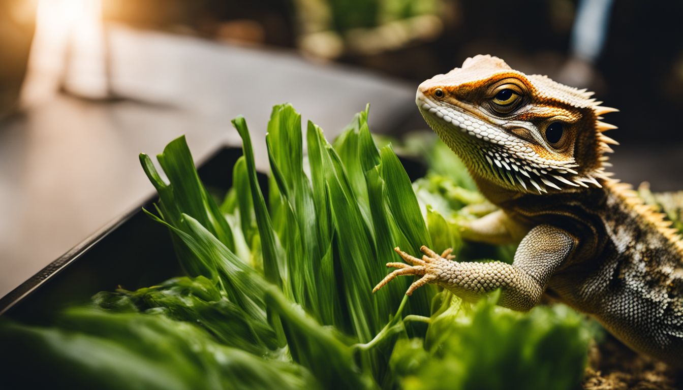 A bearded dragon eats a leek in its vivarium, surrounded by different people and a bustling atmosphere. A bearded dragon eats a leek in its vivarium, surrounded by different people and a bustling atmosphere.