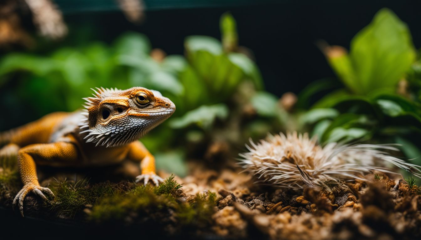 A bearded dragon cautiously eyes a mealworm beetle in its terrarium. A bearded dragon cautiously eyes a mealworm beetle in its terrarium.