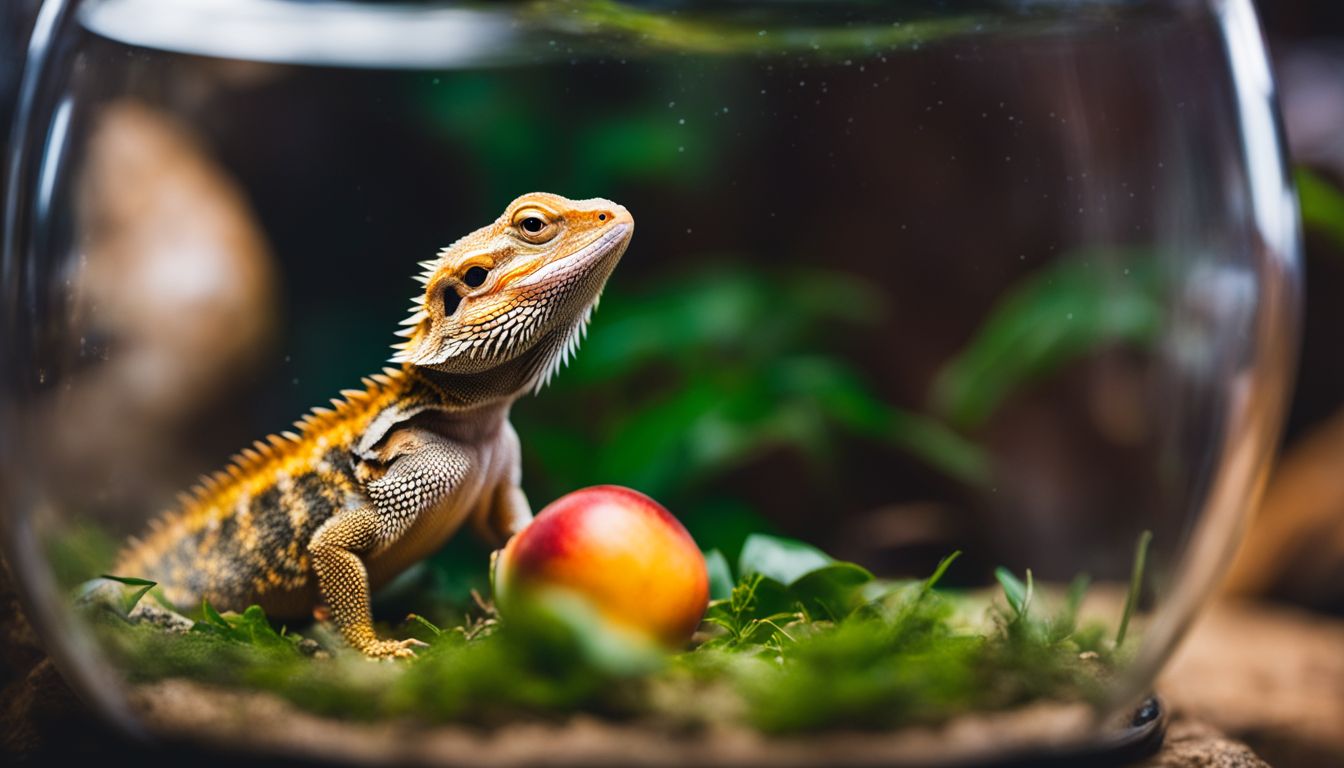 A bearded dragon eats a piece of nectarine in a terrarium, captured in high-quality detail. A bearded dragon eats a piece of nectarine in a terrarium, captured in high-quality detail.