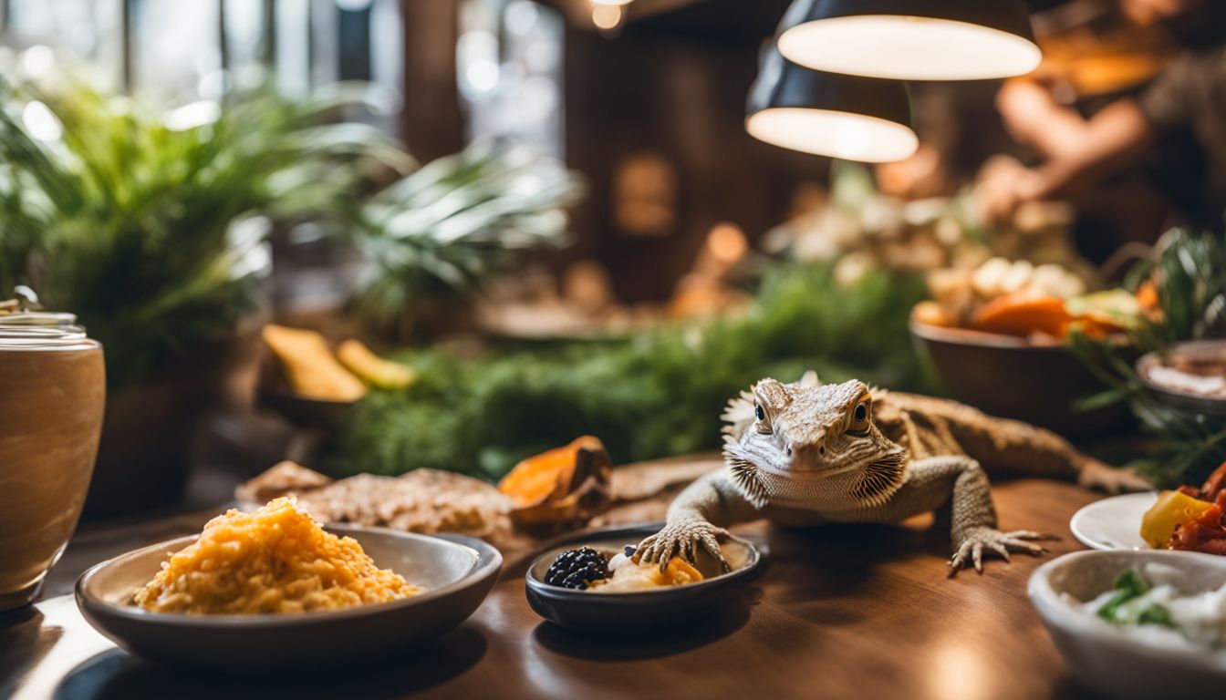 A bearded dragon in a natural habitat surrounded by healthy food options and wildlife photography. A bearded dragon in a natural habitat surrounded by healthy food options and wildlife photography.