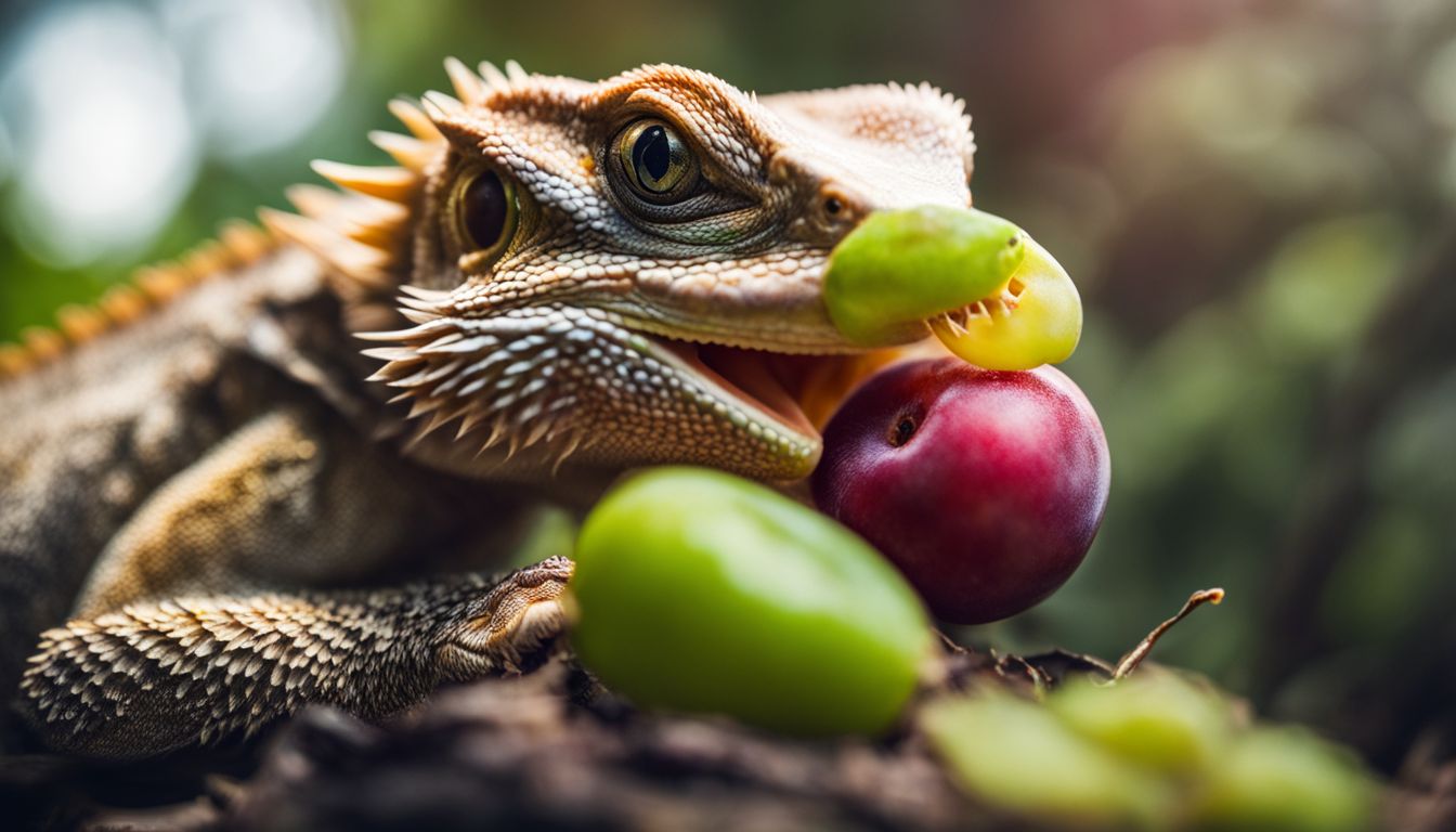 A bearded dragon eating a plum in its natural habitat, captured in vivid detail. A bearded dragon eating a plum in its natural habitat, captured in vivid detail.