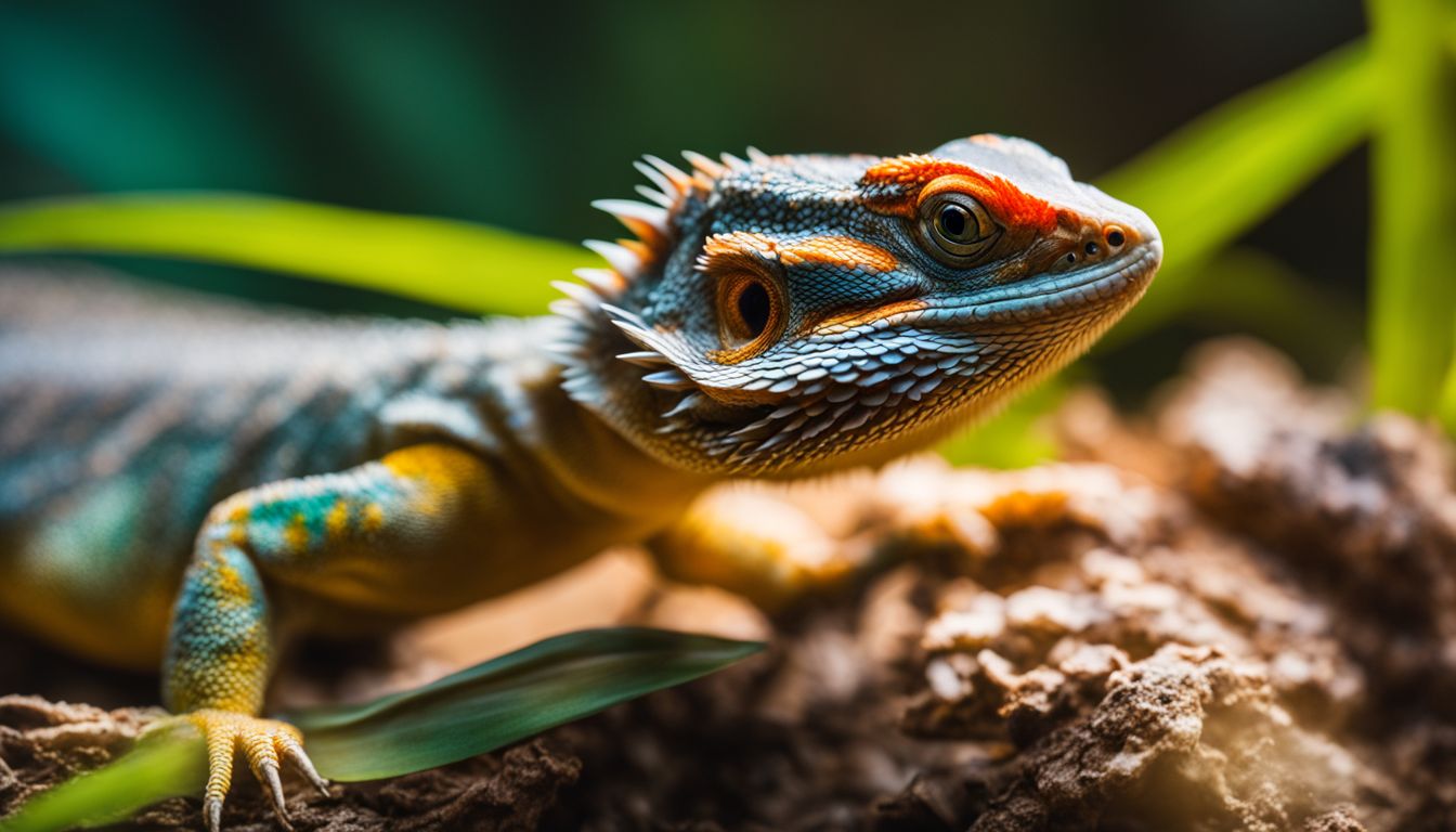 A bearded dragon hunts for red wigglers in a natural terrarium with a variety of backgrounds. A bearded dragon hunts for red wigglers in a natural terrarium with a variety of backgrounds.