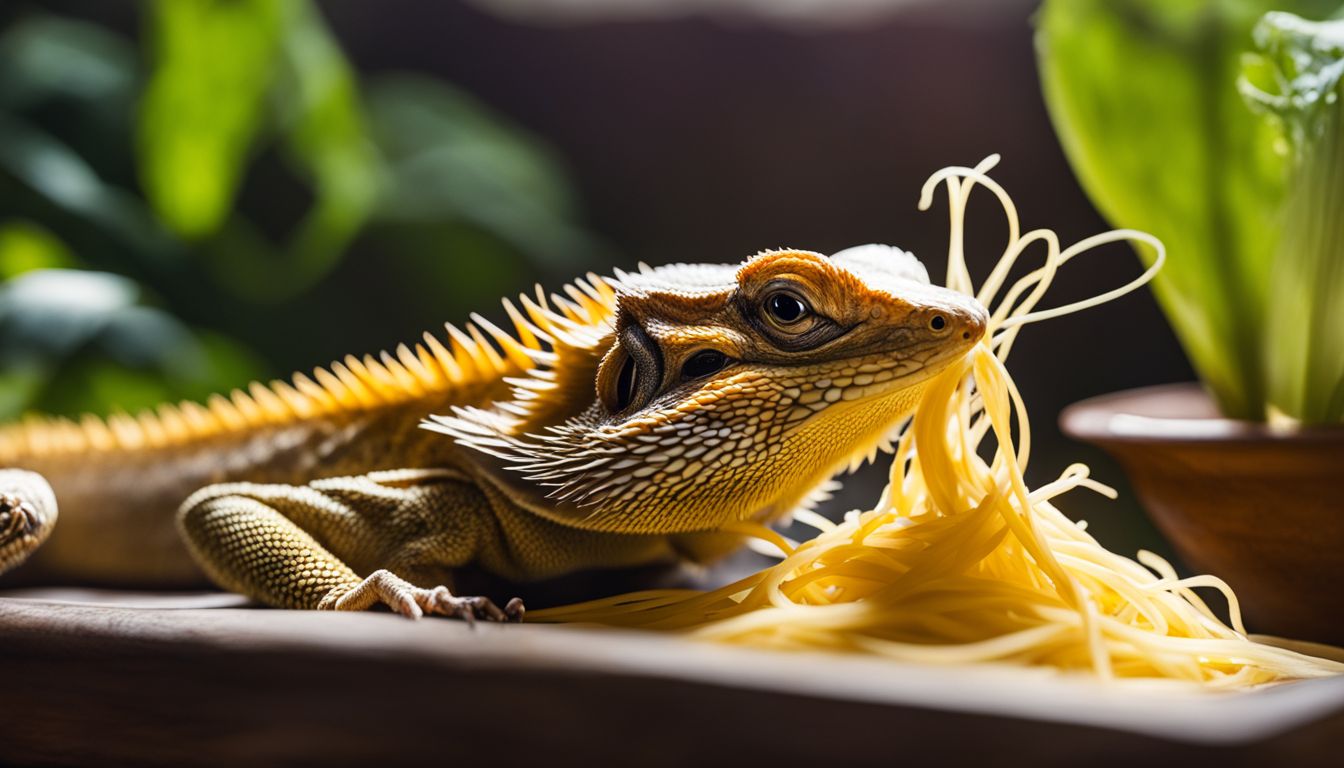 A bearded dragon eats spaghetti squash in its natural habitat in a wildlife photography setting. A bearded dragon eats spaghetti squash in its natural habitat in a wildlife photography setting.